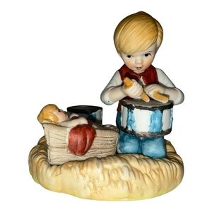 Vintage Ceramic Drummer Boy & Baby Cradle Nativity Set